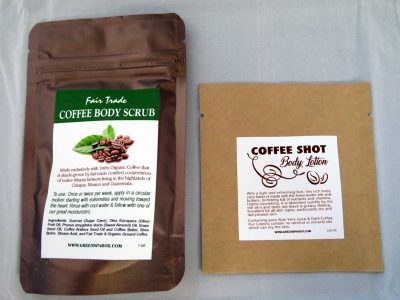 Coffee Shot body lotion and fair trade coffee body scrub