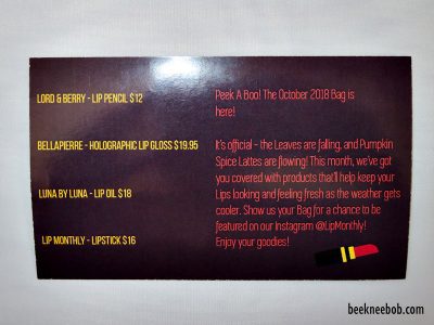 Lip Monthly Subscription Box October 2018 insert