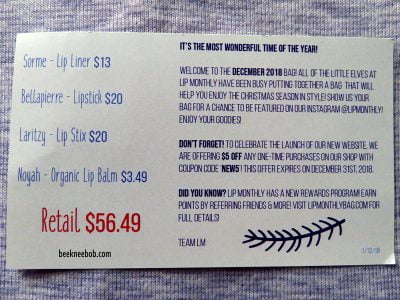 Lip Monthly Subscription Box December 2018 insert