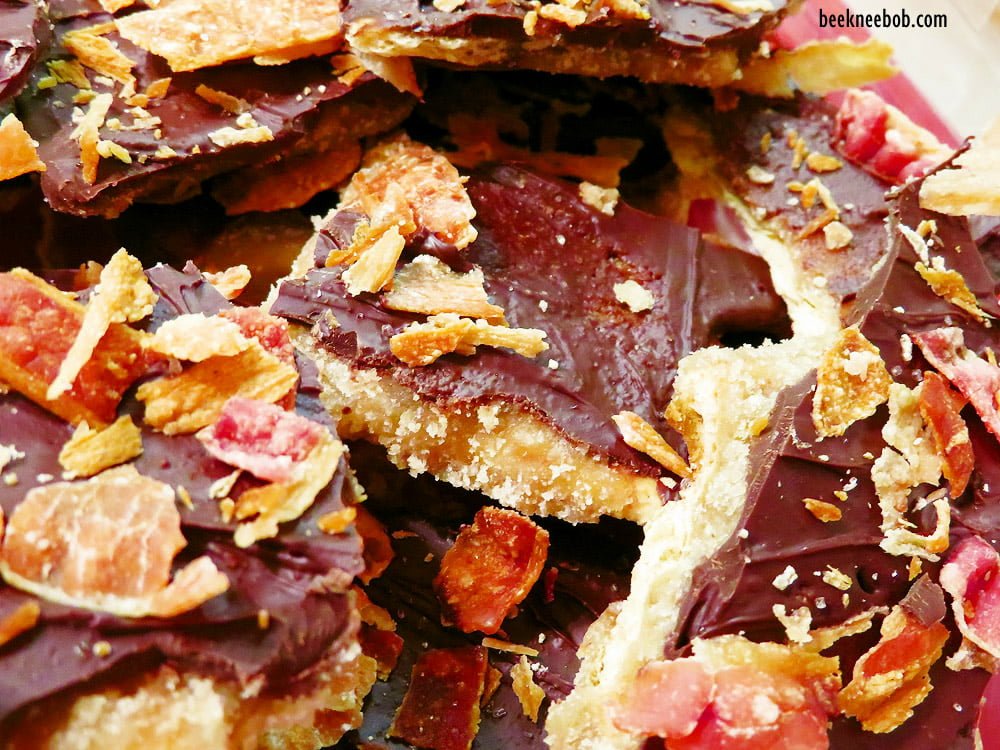 Pieces of chocolate bacon bark