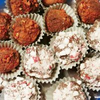 fudge truffle bites by martha stewart with freeze dried strawberries and crushed peppermint candy