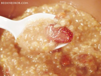 A spoonful of strawberry oatmeal from Storage Chef emergency food