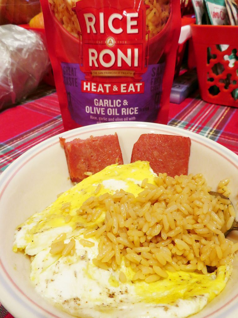 Rice a Roni garlic olive oil rice heat eat with fried egg and spam