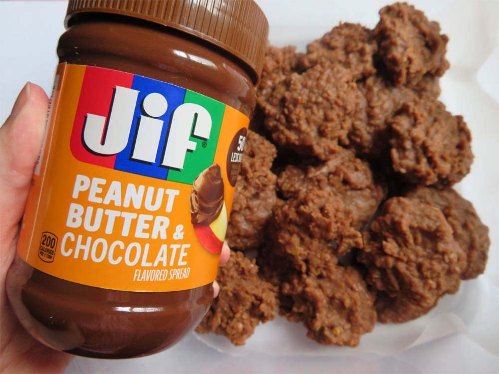 jar of Jif Peanut Butter Chocolate flavored spread with no bake chocolate peanut butter cookies