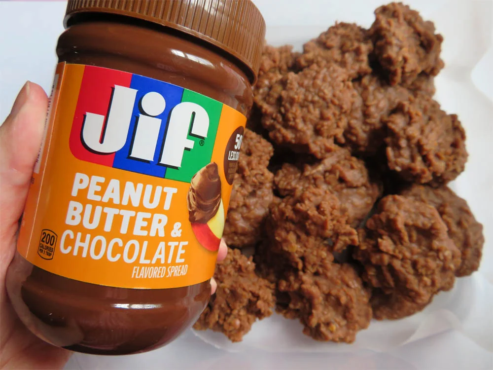 jar of Jif Peanut Butter Chocolate flavored spread with no bake chocolate peanut butter cookies