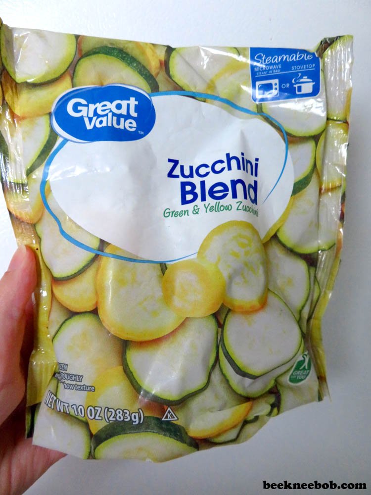 bag of frozen zucchini and yellow squash by Great Value at WalMart