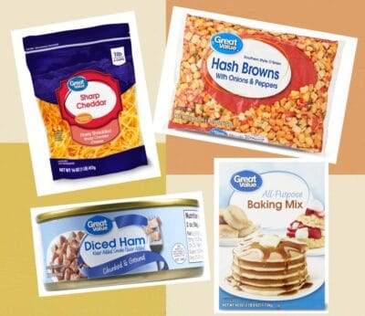 walmart great value shredded cheese, diced ham, baking mix, and frozen hash brown potatoes used in breakfast casserole