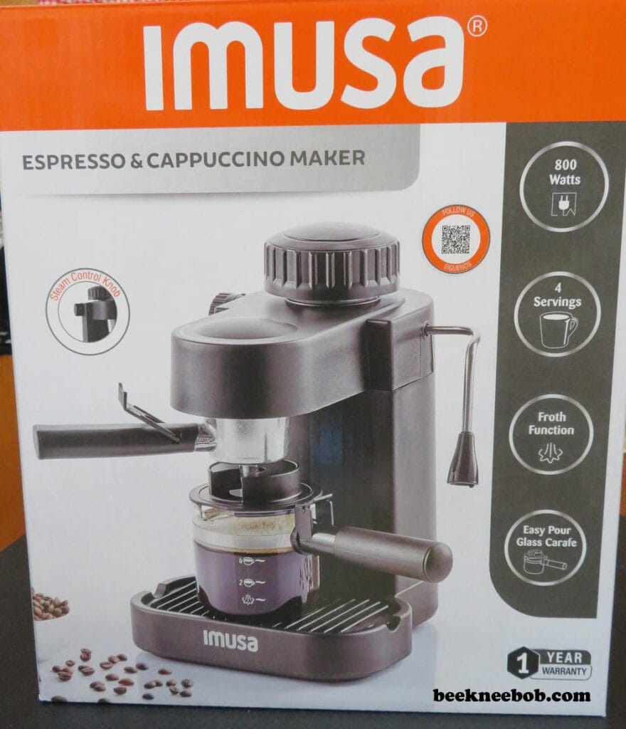 Retail box of the IMUSA 4-Cup Espresso & Cappuccino Maker GAU-18202