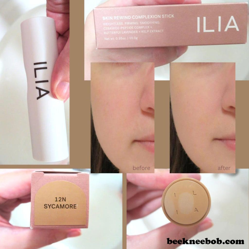 Photo collage of Ilia Skin Rewind Complexion Stick in Shade 12N Sycamore, with before and after makeup application