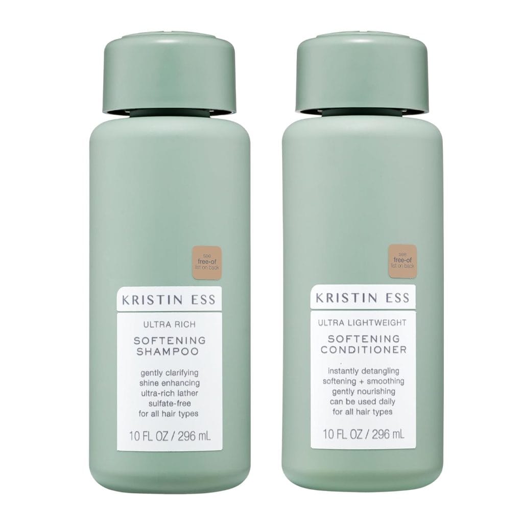 Side by side bottles of Kristin Ess Softening Shampoo and Conditioner