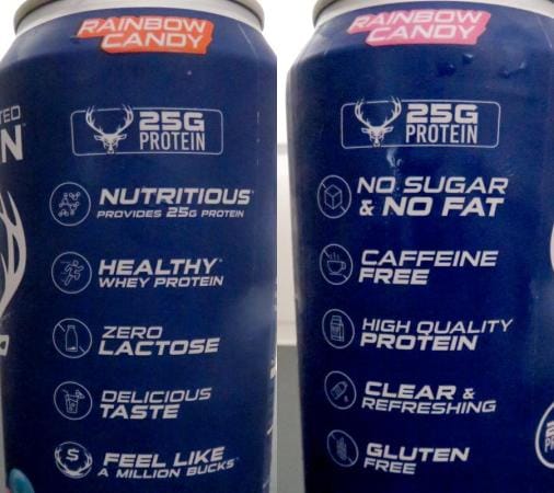Side-by-side images of the Bucked Up Protein Soda can, detailing the product's nutritional and health claims.