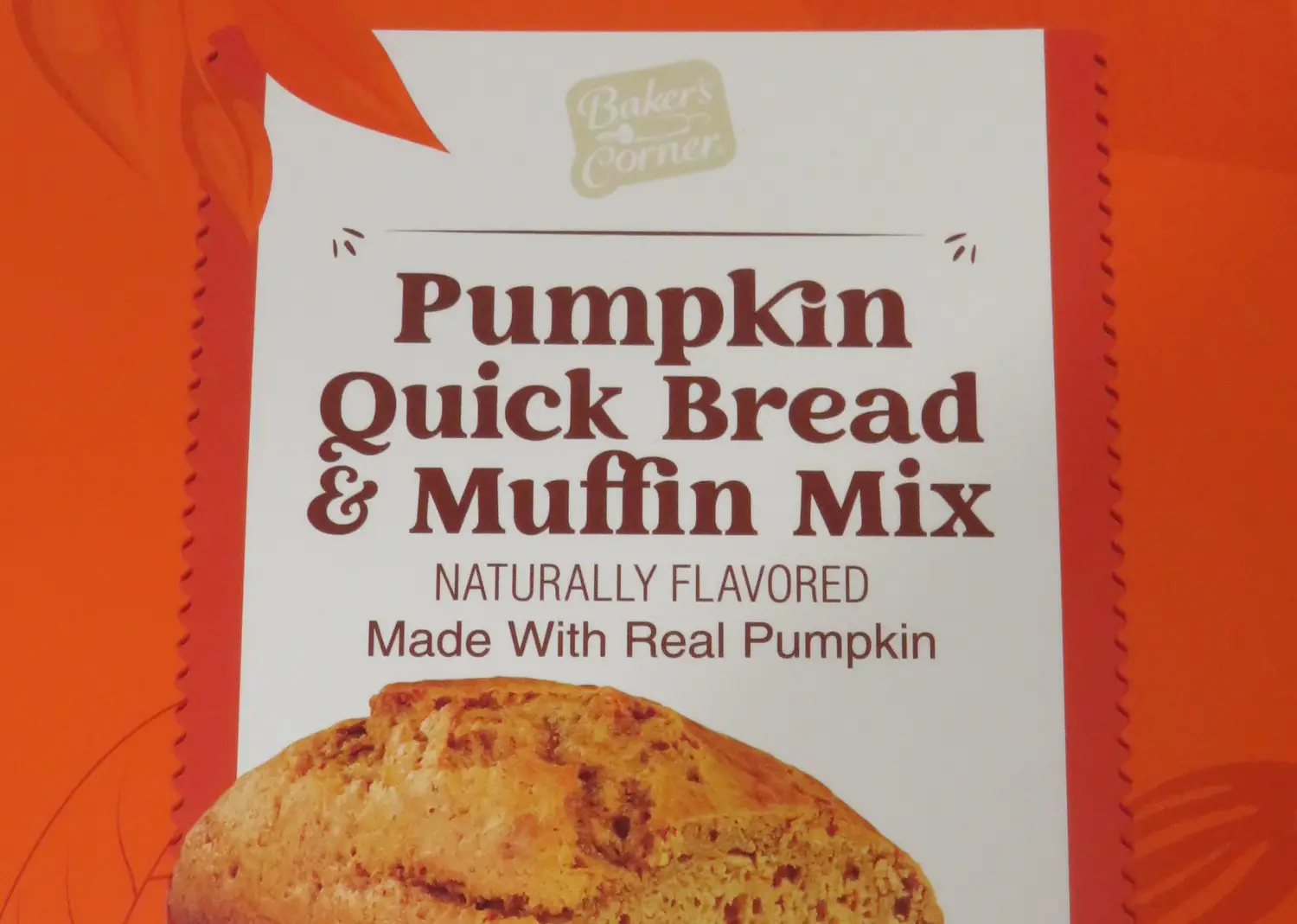 close up of text on the front box for Baker's Corner Pumpkin Quick Bread and Muffin Mix