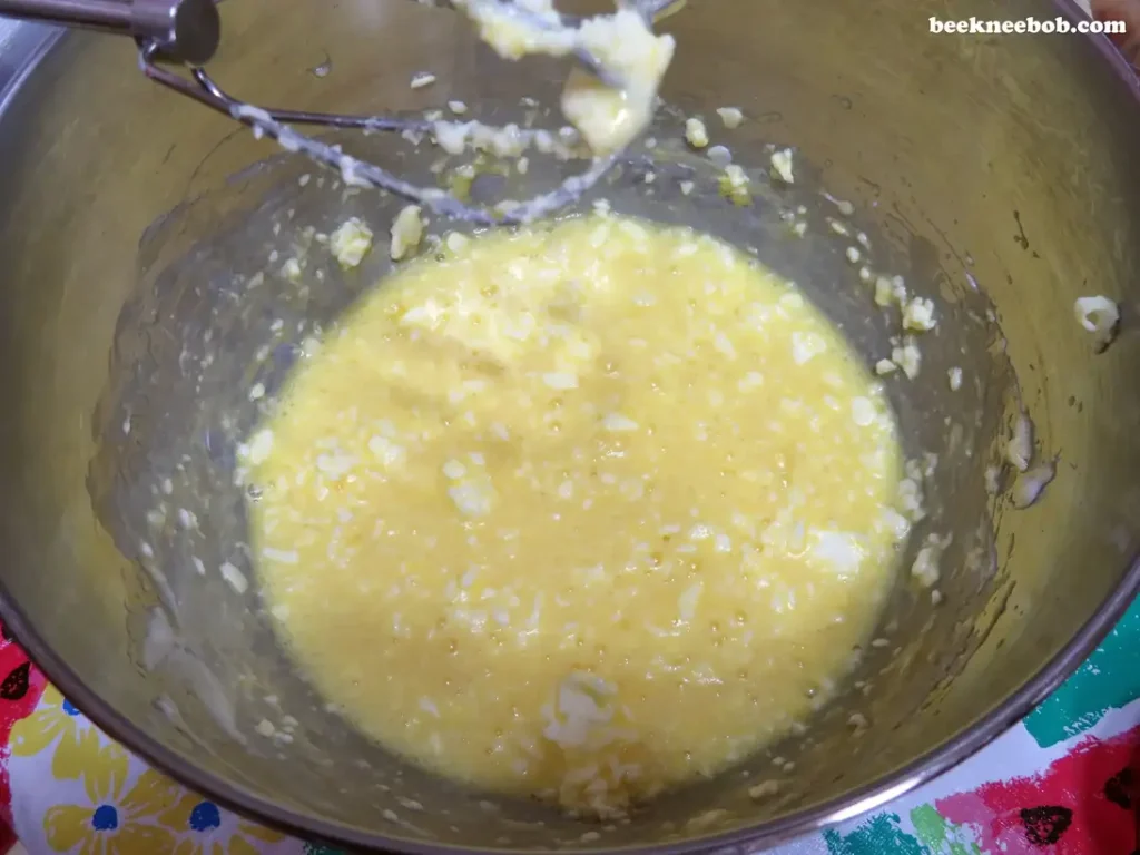 bowl with a liquid mixture of butter and eggs