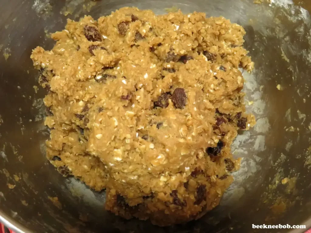 ball of prepared oatmeal raisin cookie dough in mixing bowl