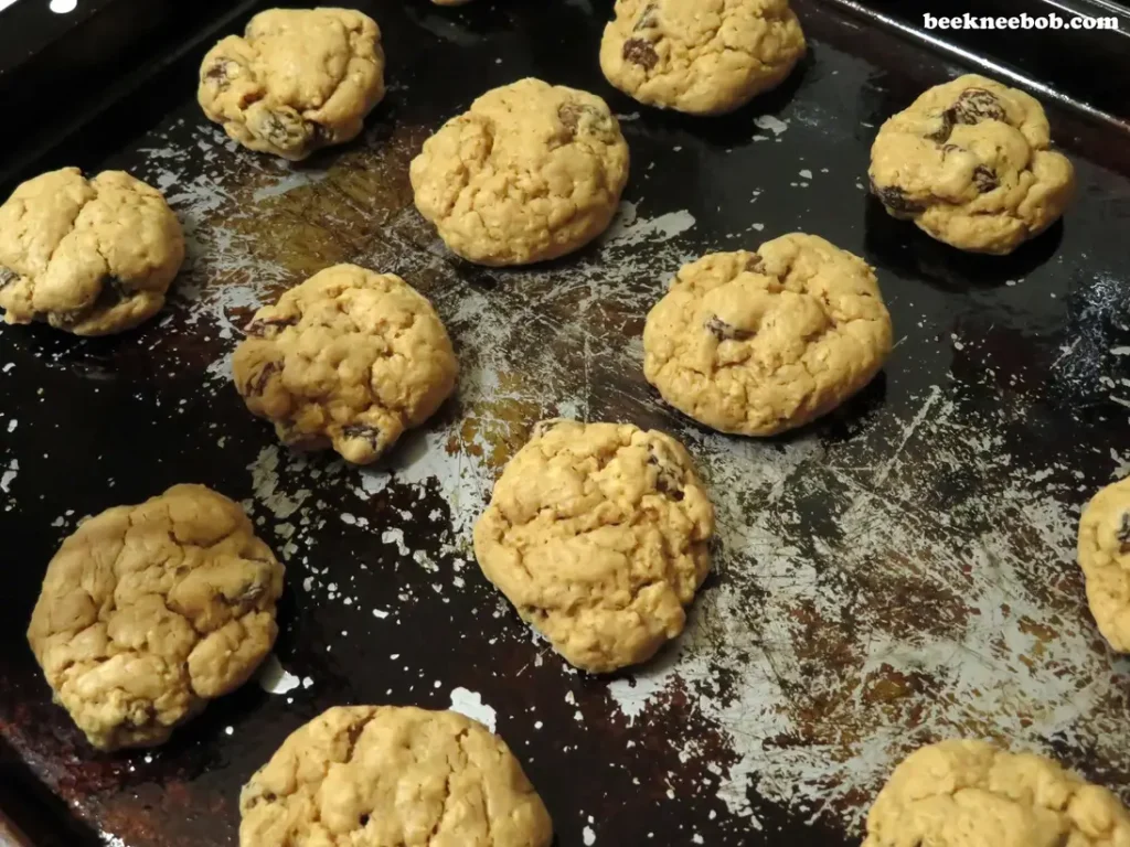 fresh oatmeal raisin cookies on a baking sheet