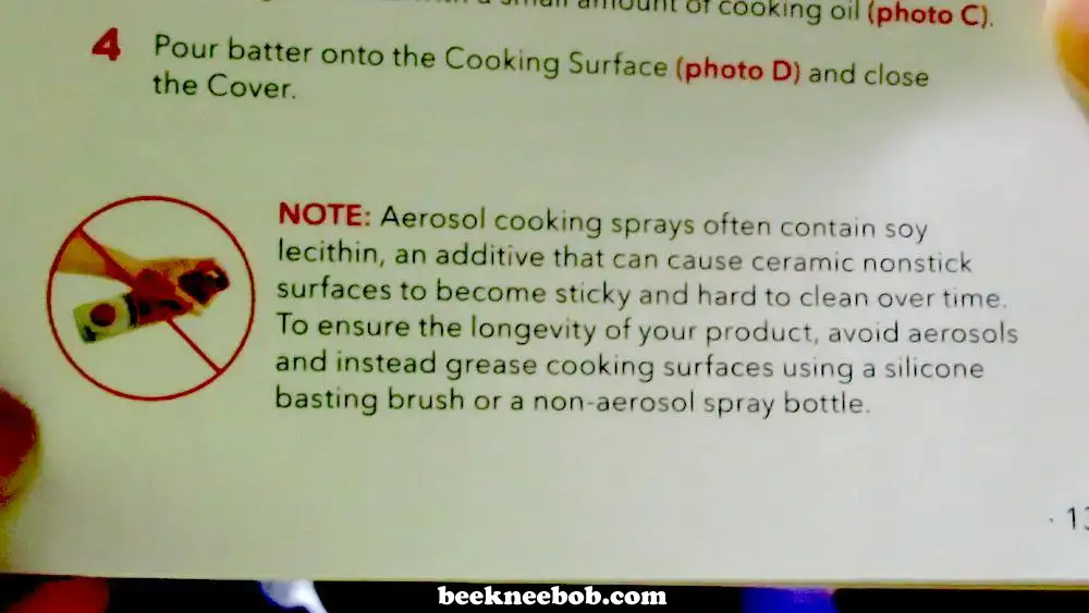 Waffle maker instruction manual note warning against the use of aerosol cooking sprays