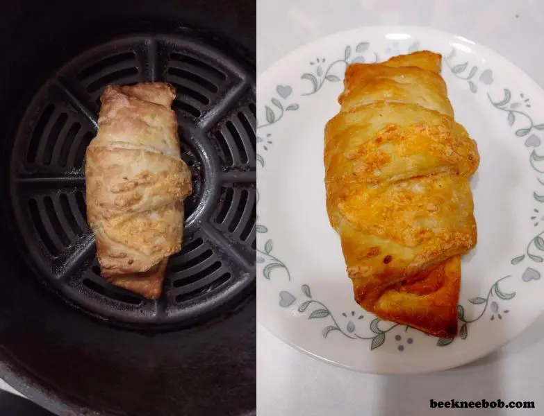 side by side before and after images of a Hillshire Farm Stuffed Croissant in and out of the air fryer