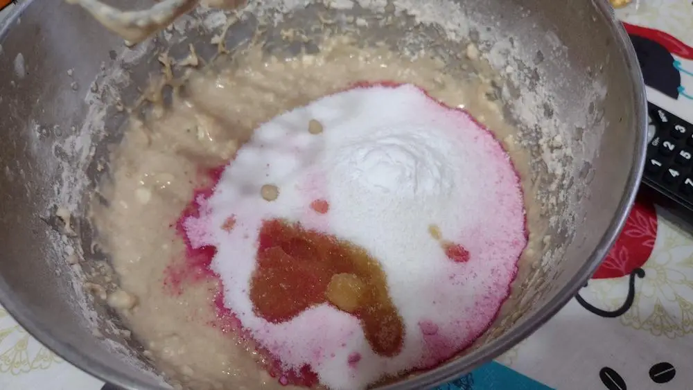 Closeup of dragon fruit quick bread batter in a bowl