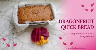 Dragonfruit Quick Bread showing sliced fruit and baked bread in a loaf pan separate placed on kitchen countertop.