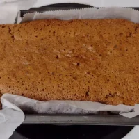 Freshly baked golden brown loaf of dragonfruit quick bread in a pan lined with parchment paper.