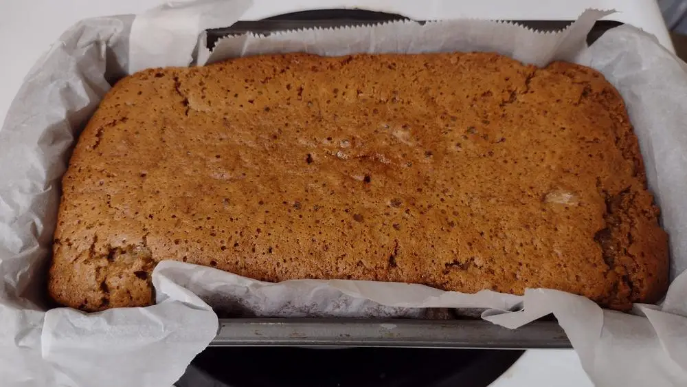 Freshly baked golden brown loaf of dragonfruit quick bread in a pan lined with parchment paper.