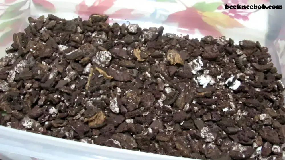 Crushed Oreo cookies serving as the bottom layer of a peanut butter Oreo dirt pudding