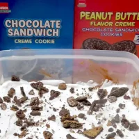 A completed peanut butter Oreo dirt pudding dessert with two boxes of Sobisk sandwich cookies standing behind it