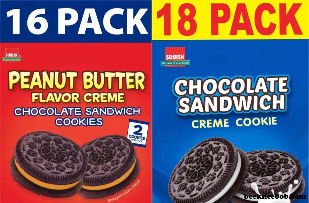 Side by side boxes of peanut butter and regular chocolate sandwich creme cookies by Sobisk sold at the Dollar Tree